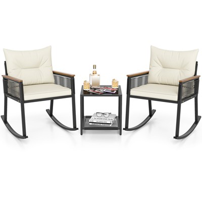 Tangkula 3 PCS Patio Rocking Bistro Set Outside Wicker Rockers w/ 2-Tier Tempered Glass Coffee Table