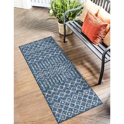 Blue Synthetic Trellis Flat Woven Outdoor Runner Rug