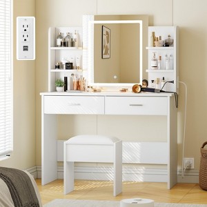 Vanity Desk with Mirror and Lights, Makeup Vanity Set w/Desk and Stool, Power Outlet, Vanity Table w/6 Storage Shelves - 1 of 4