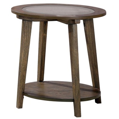 24" End Table with Round Glass Top and Angled Legs Brown - Benzara