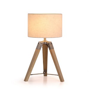 18" Industrial Natural Wood Tripod Table Lamp with Linen Drum Shade and Metal Accents for Bedroom, Living Room, Study, or Hotel Spaces - 1 of 4