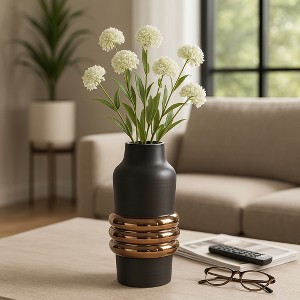Decorative Two Tone Vase with Ring Detail - Stylish Flower Vase for Bedroom, Office Styling, and House Decor - Sculptural Home Decor - 1 of 4