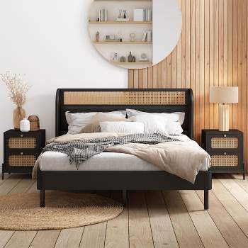 3-Piece Modern Cannage Rattan Bedroom Sets, Queen Size Platform Bed with 2 Nightstands 4A - ModernLuxe