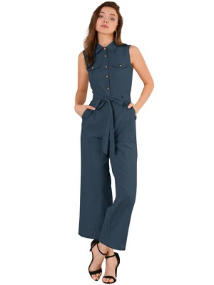 Allegra K Women's Button Down Collared Wide Leg Tie-Waist Sleeveless Cargo Jumpsuits