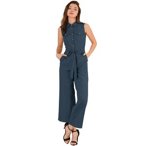 Allegra K Women's Button Down Collared Wide Leg Tie-Waist Sleeveless Cargo Jumpsuits - 1 of 4