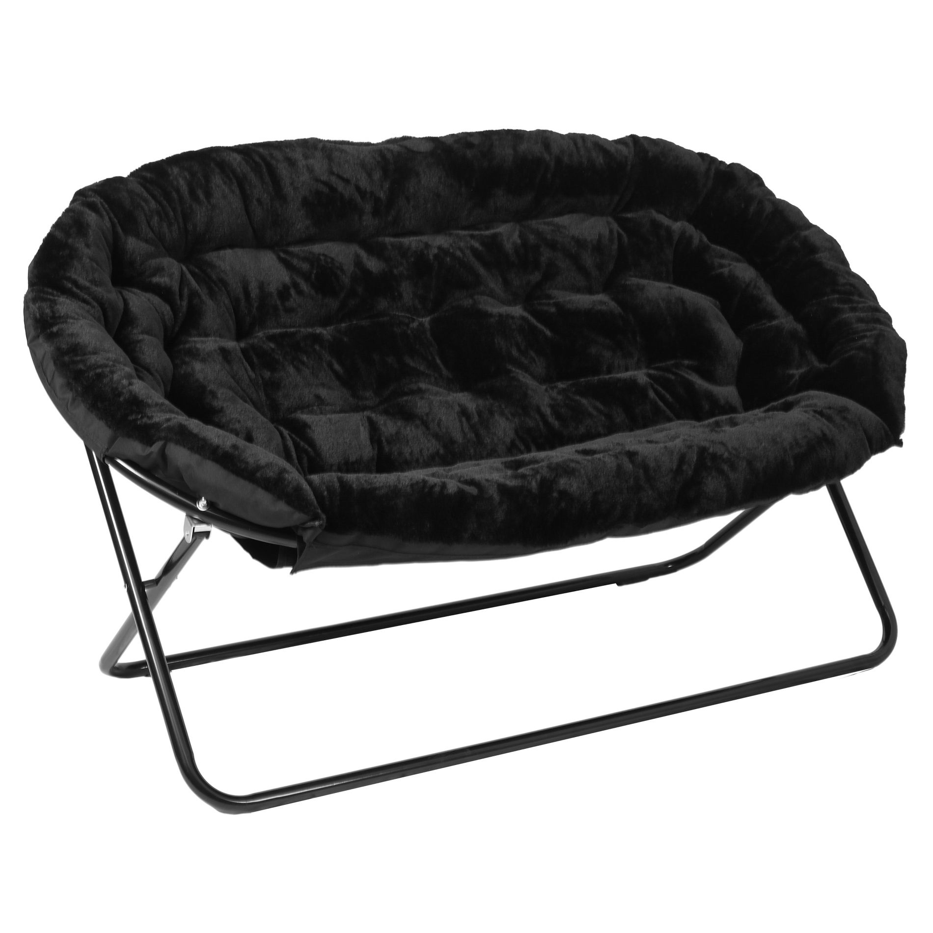 Emma and Oliver Folding Double Saucer Chair in Black Faux Fur with a Black Steel Frame for Dorm, Living Room, or Bedroom