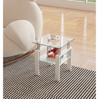 Syemin Glass End Tables, Double Tier Large Side Table with Tempered Glass Top for Living Room Decoration, Clear, 17.72"*17.72"*20.5"