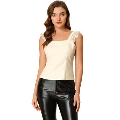 Allegra K Women's Lace Trim Party Faux Leather PU Tank Top