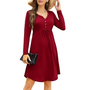 Women's Maternity Dress Casual T-Shirt Dress V Neck Button Down Irregular Hem Long Sleeve Tunic Shift Midi Dress - 1 of 4