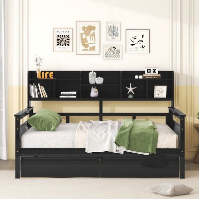 Daybed,Wood Slat Support Daybed Frame With Bedside Shelves And Two Drawers,Daybed Storage,Daybed For Bedroom-Cuddlewood