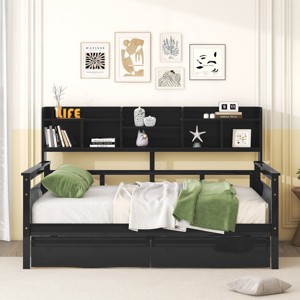 Daybed,Wood Slat Support Daybed Frame With Bedside Shelves And Two Drawers,Daybed Storage,Daybed For Bedroom-Cuddlewood - 1 of 4