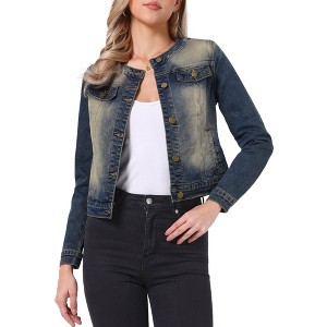 INSPIRE CHIC Women's Button Down Collarless Long Sleeve Jean Jackets - 1 of 4