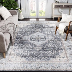 Washable Rugs & Vintage Area Rugs ¨C Non-Slip Oriental Floral Distressed Carpet (Stain-Resistant, Low Pile, Farmhouse Style, Blue) - 1 of 4