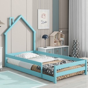 Pine Wood Floor Bed Frame With House Shaped Headboard Full-Length Guardrails Twin Size For Toddler Kids Girls Boys - 1 of 4