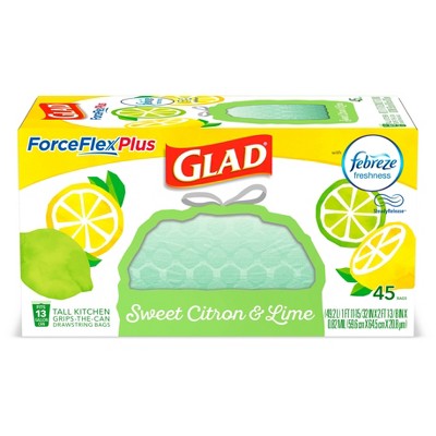 Glad ForceFlexPlus + Tall Kitchen Drawstring Trash Bags - Febreze Sweet Citron & Lime - 13 Gallon - 45ct