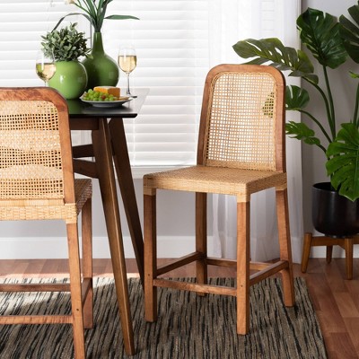 Caspia Mid-Century Walnut Brown Wood & Natural Rattan Counter Stool