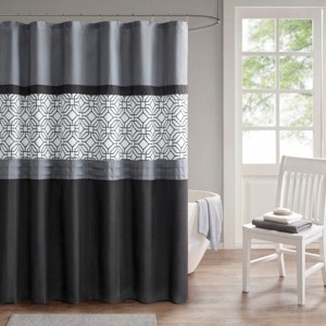 SEVOBAL Shower Curtain Embroidered Pintuck and Pieced Design Soft Microfiber Fabric Geometric Pattern, Black+Grey, 72"*72"*0.13" - 1 of 4