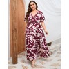 Women Plus Size Maxi Dress V Neck Summer Dress Short Sleeve Long Dress High Waist Ruffle Casual Dress with Belt, Wine Red White Floral, 4XL - 2 of 4