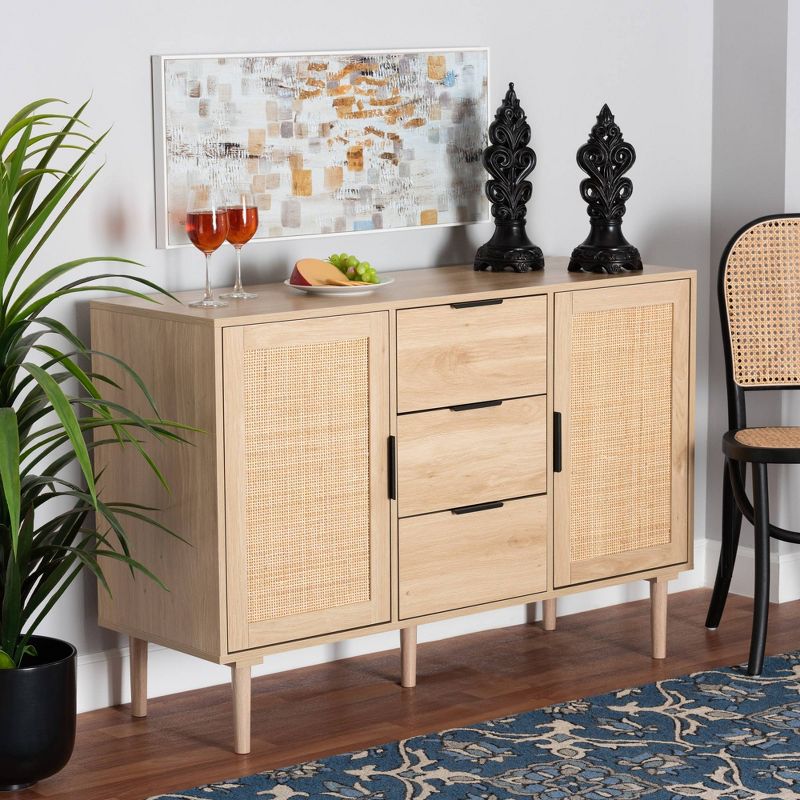 Harrison Wood and Rattan 3 Drawer Sideboard Dining Cabinet Natural Brown/Black - Baxton Studio, 5 of 12