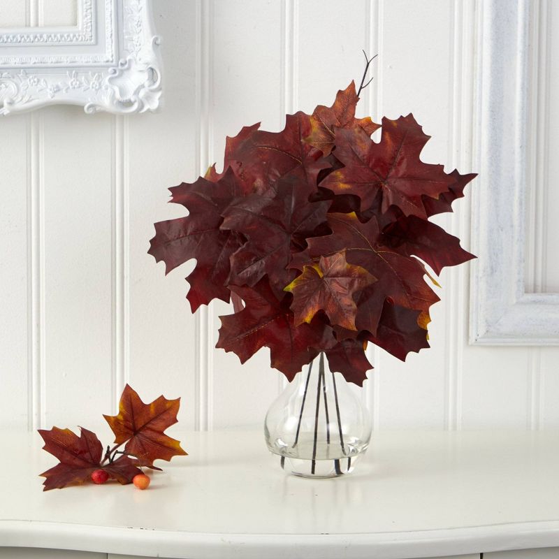 Nearly Natural 18-in Autumn Maple Leaf Artificial Plant in Glass Planter, 1 of 3