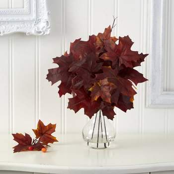 Nearly Natural 18-in Autumn Maple Leaf Artificial Plant in Glass Planter