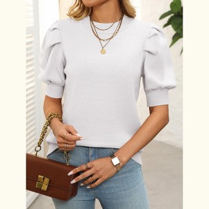 Womens Tops Casual Round Neck Puff Sleeve Short Sleeve Knit Top Blouse - 1 of 4