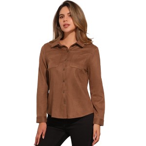 Allegra K Women's Faux Suede Stretch Casual Button Down Long Sleeve Shirt - 1 of 4