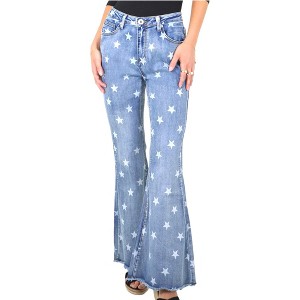 Anna-Kaci Women's Floral Daisy Embroidered Mid Rise Bell Bottom Jeans - 1 of 4