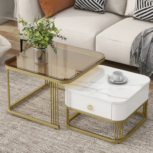 2-in-1 Nesting Coffee Table, Side Table End Table Set With Drawer And 