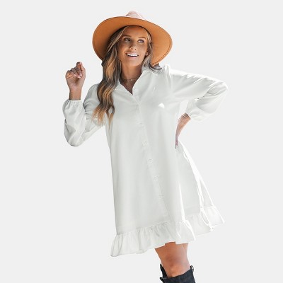 Women's Crisp White Collared Puff Sleeve Shirt Dress - Cupshe