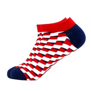 Red, White Blue 3D Cubed Patterned Ankle Socks (Men's Sizes, Adult Large) from the Sock Panda - 1 of 3