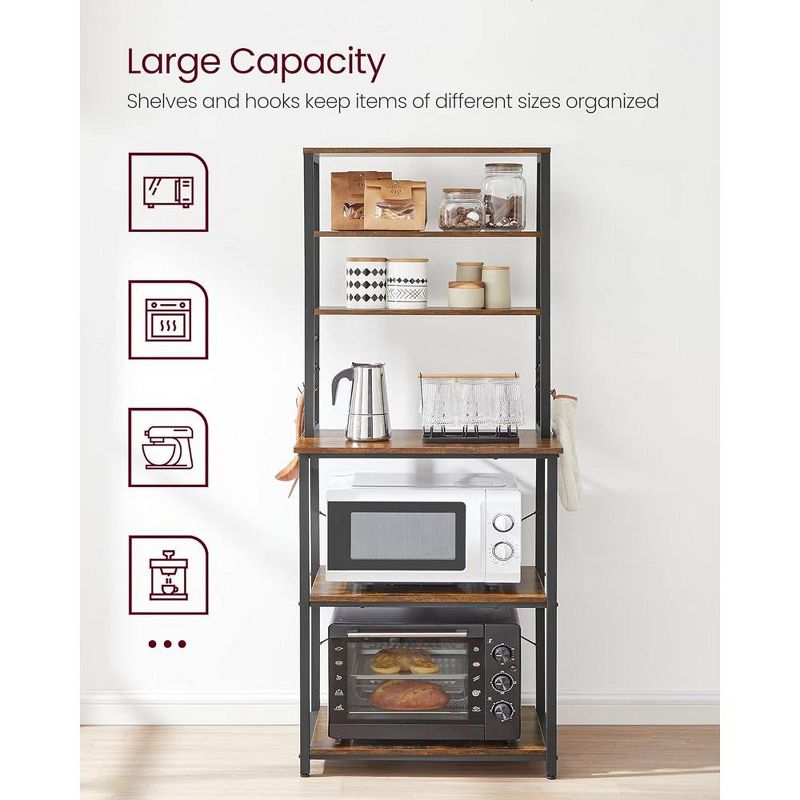 VASAGLE Baker's Rack Microwave Oven Stand Kitchen Tall Utility Storage Shelf 6 Hooks and Metal Frame, 4 of 10