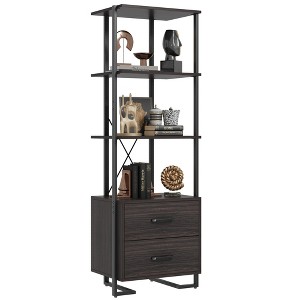 Modern three-tier bookshelf with double drawers, industrial-style vertical storage display unit, suitable for living rooms, bedrooms, and offices. - 1 of 4