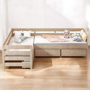 Mshliw Twin Size L-Shaped Platform Bed with 3 Storage Drawers, Space Saving Wood Bed Frame with Slatted Support, No Box Spring Needed - 1 of 4