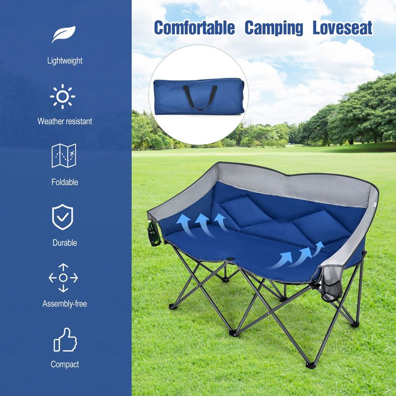Costway Folding Camping Chair Loveseat Double Seat w/ Bags & Padded Backrest Gray\Blue, 3 of 11