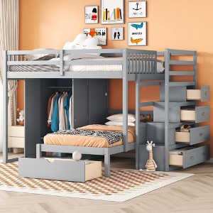 NicBex Full over Twin Bunk Bed Wood Bed Frame with 5 Drawers, Wardrobe, Stairs and Full Length Guardrail, No Box Spring Required - 1 of 4
