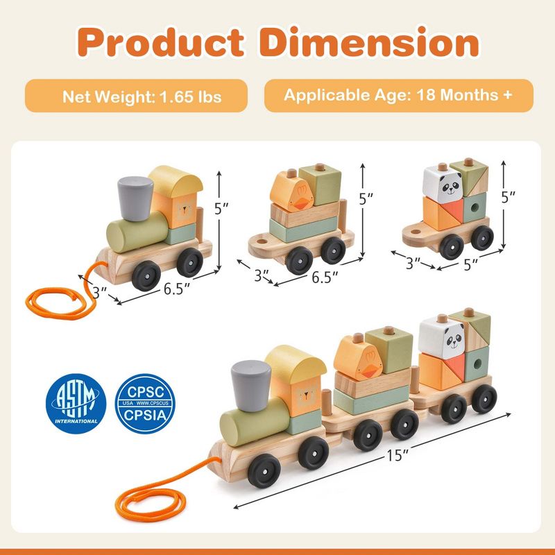 Costway Kids Wooden Train Set Toddler 3-Section Toy Train with Stackable Building Blocks, 3 of 10