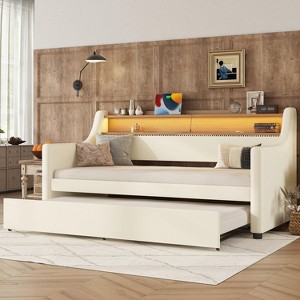 Angel Sar Twin Daybed with Trundle, Charging Station&LED RGB Lights, Upholstered Daybed with Bronze Nail Head Trim - 1 of 4