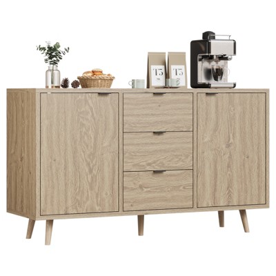 Buffet Cabinet with Storage, Sideboard Storage Cabinet with 3 Drawers and 2 Doors, Adjustable Shelf, Natural Wood Console for Entryway, Hallway