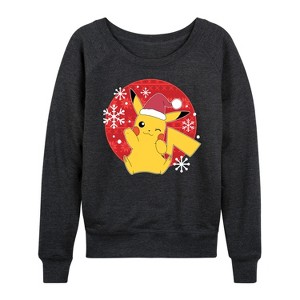 Women's - Pokémon - Pikachu Santa Hat Ugly Sweater Lightweight French Terry Wide Neck Long Sleeve Shirt - 1 of 4