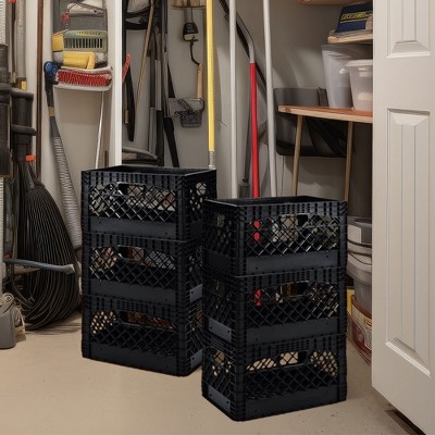 Heavy Duty Black Stackable Storage Crate with Handles, 3 Pack