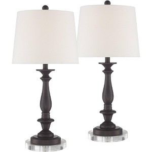 Regency Hill Rustic Farmhouse Table Lamps 27" Tall Set of 2 with Round Riser Bronze White Fabric Drum Shade for Living Room Bedroom House - 1 of 4