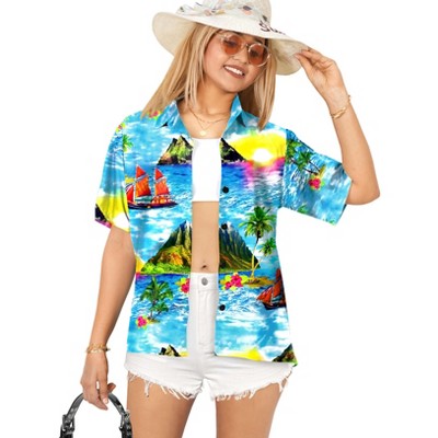 LA LEELA Hawaiian Shirts Womens Casual Summer Beach Party Shirt Blouse Short Sleeve Tropical Vacation Button Up Dress Shirts Tank Top Women