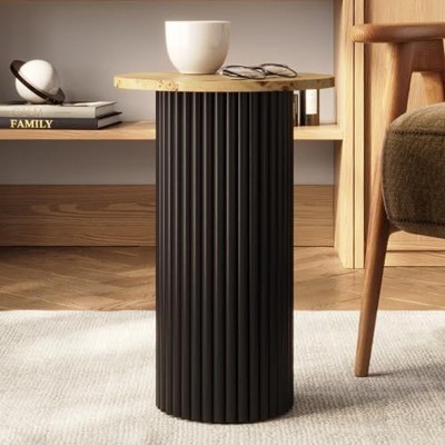 Stead Round Fluted Drink Table Table - Modern Home, and Living Room Furniture (Two-Tone Burl Wood Veneer with Black Base)