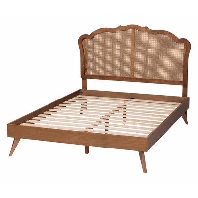 King Walnut Brown Wood and Rattan Platform Bed with Slats
