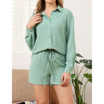 Women's Casual 2 Piece Lounge Set with Long Sleeve Button Down Shirt and High Waist Drawstring Shorts