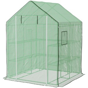 4.6' x 4.7' Portable Greenhouse, Water/UV Resistant Walk-In Small Outdoor Green House with 2 Tier U-Shaped Flower Rack Shelves, Roll Up Door & Windows - 1 of 4