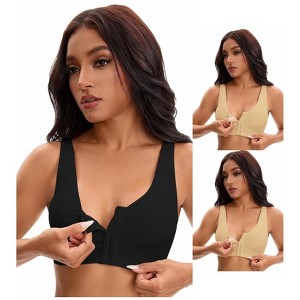 INSPIRE CHIC Women's Front Closure Adjustable Strap Wirefree Full Coverage Soft Workout Bras 3 Packs - 1 of 4