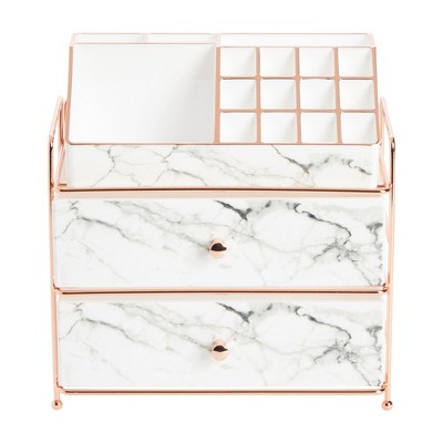 Glamlily White Marble Makeup Organizer with Rose Gold Trim, Cosmetic Storage Drawers for Vanity (9.5 x 9.5 x 5.5 in)
