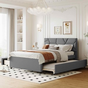 MAYEERTY Full Size Upholstered Platform Bed, Brick Pattern Headboard Twin Trundle Linen Fabric, Bedroom, Beige - 1 of 4